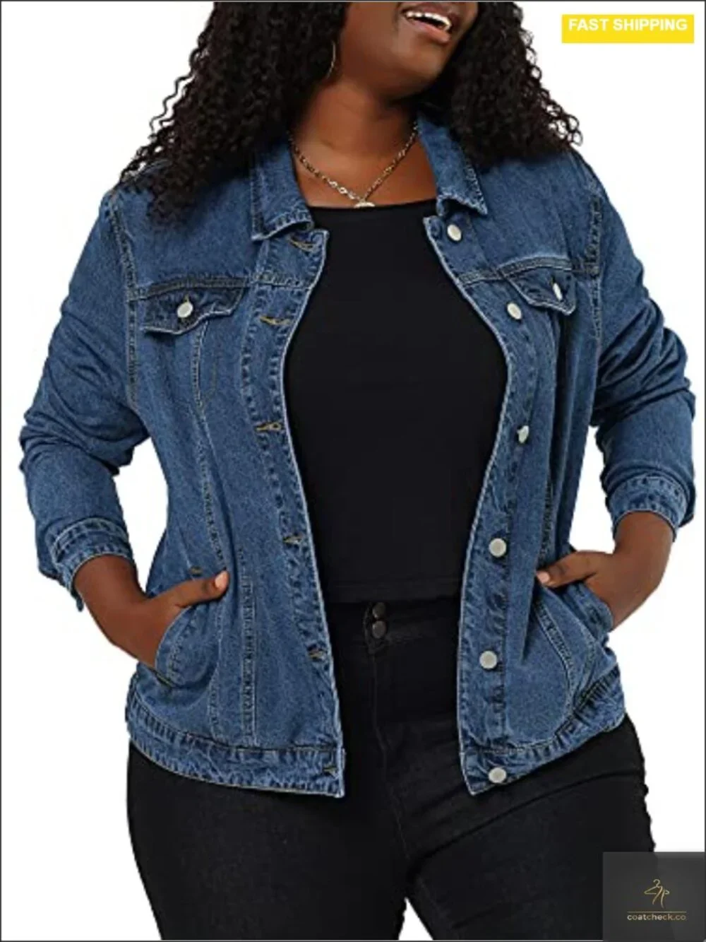 Plus Size Button Denim Jacket - Stitching Washed Casual Long Sleeve